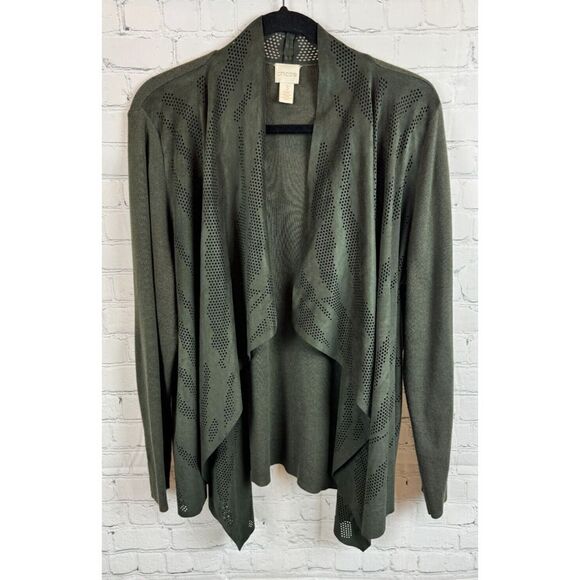 CHICO'S green khaki perforated faux suede knit open front cardigan sweater 3 XL - Picture 2 of 9